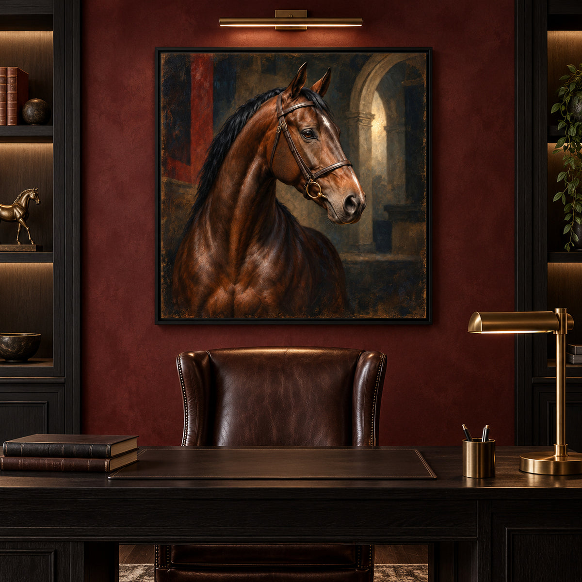 equestrian thoroughbred horse portrait wall art shown in a black frame in a modern interior