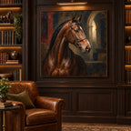 Quadro di ritratto equestre di cavallo purosangue, con cornice in rovere scuro, in un interno moderno