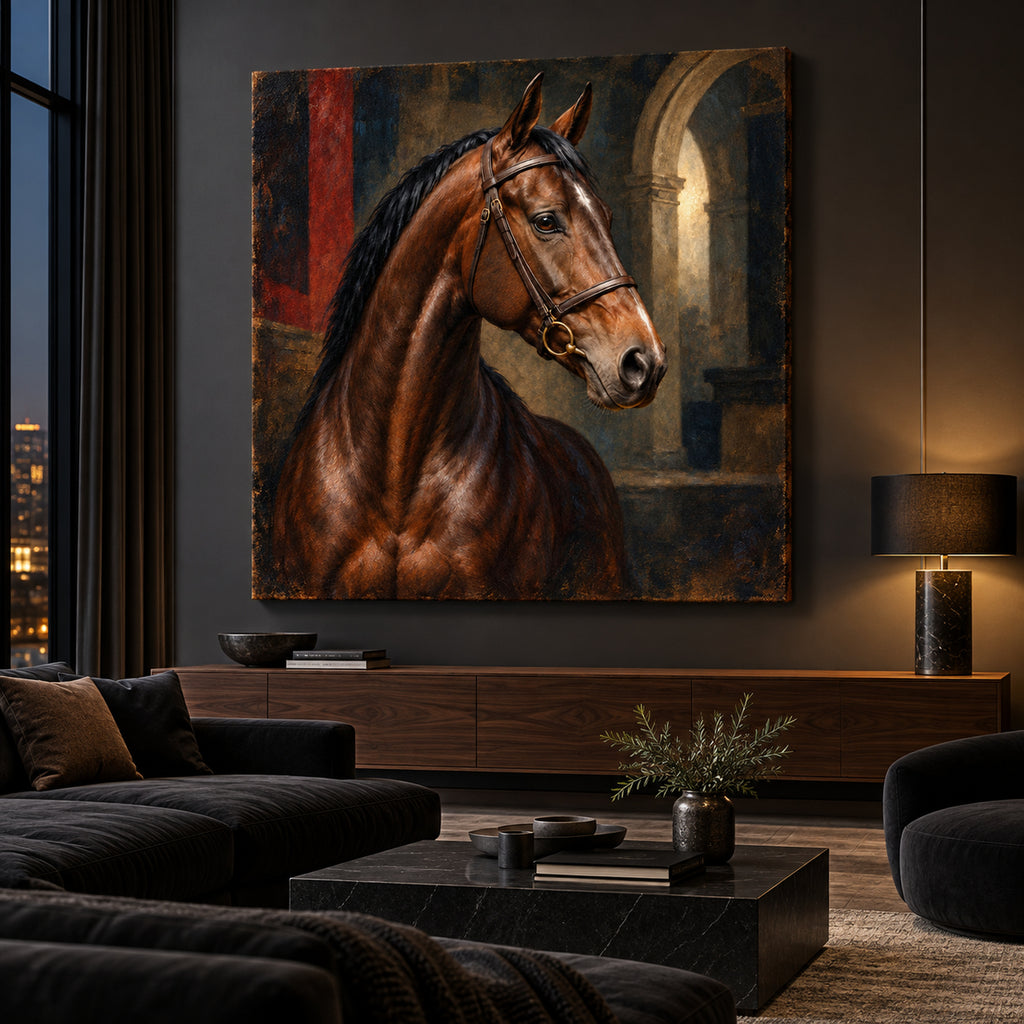 equestrian thoroughbred horse portrait wall art shown as an unframed canvas in a modern interior