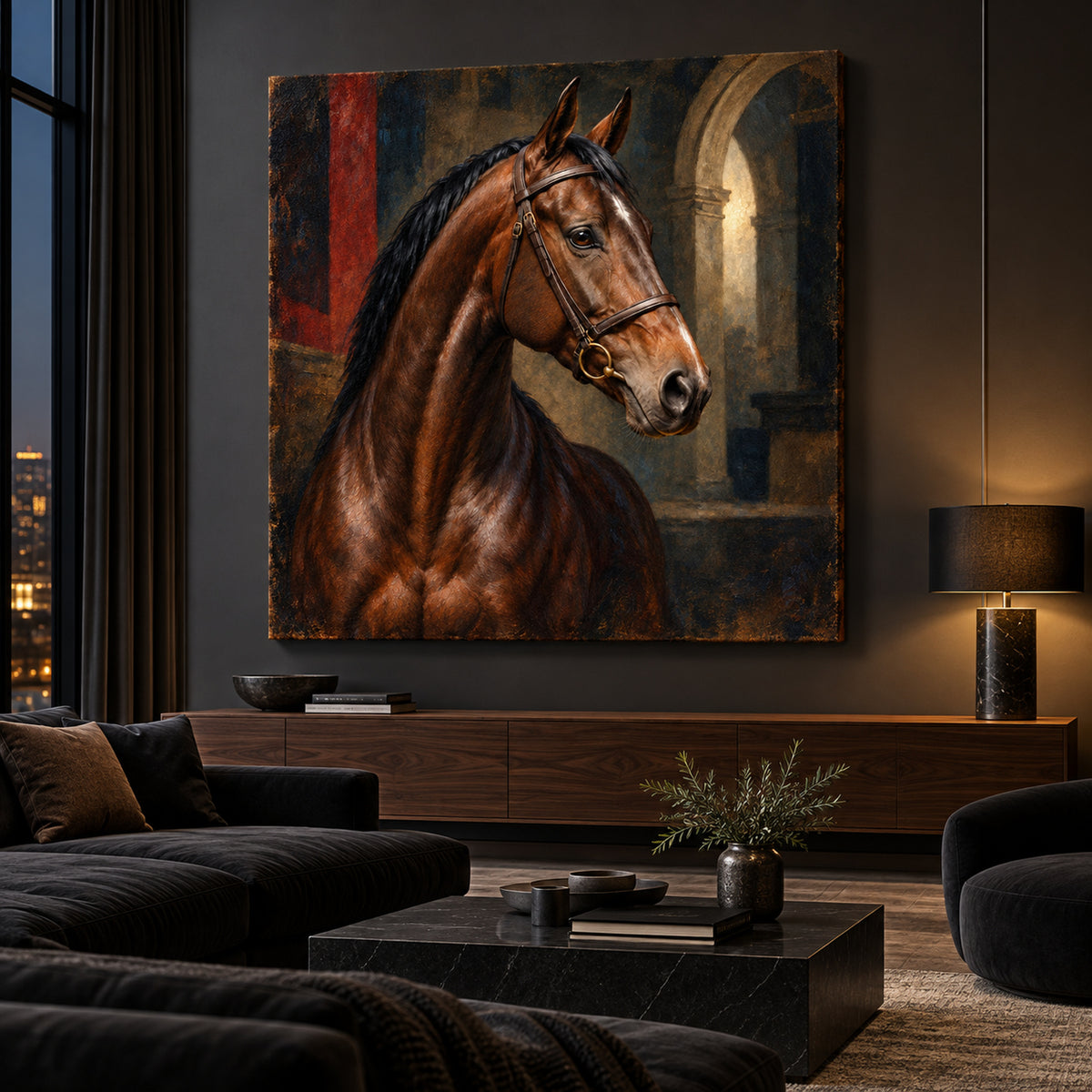 equestrian thoroughbred horse portrait wall art shown as an unframed canvas in a modern interior