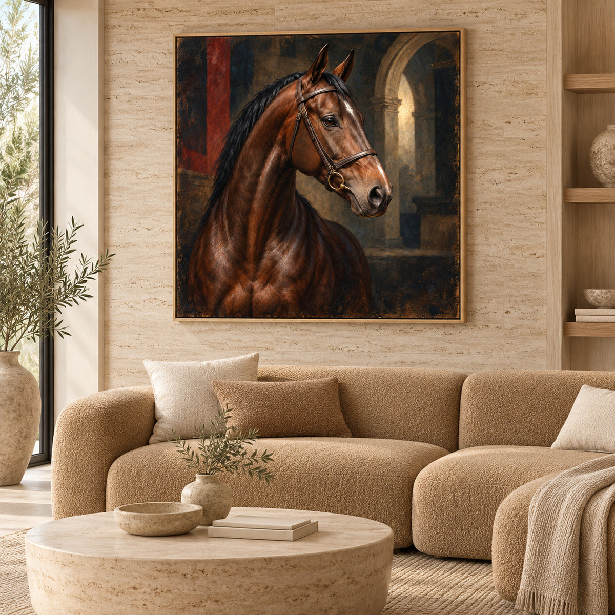 equestrian thoroughbred horse portrait wall art shown in a oak frame in a modern interior