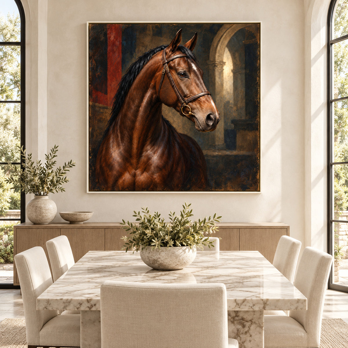 equestrian thoroughbred horse portrait wall art shown in a white frame in a modern interior