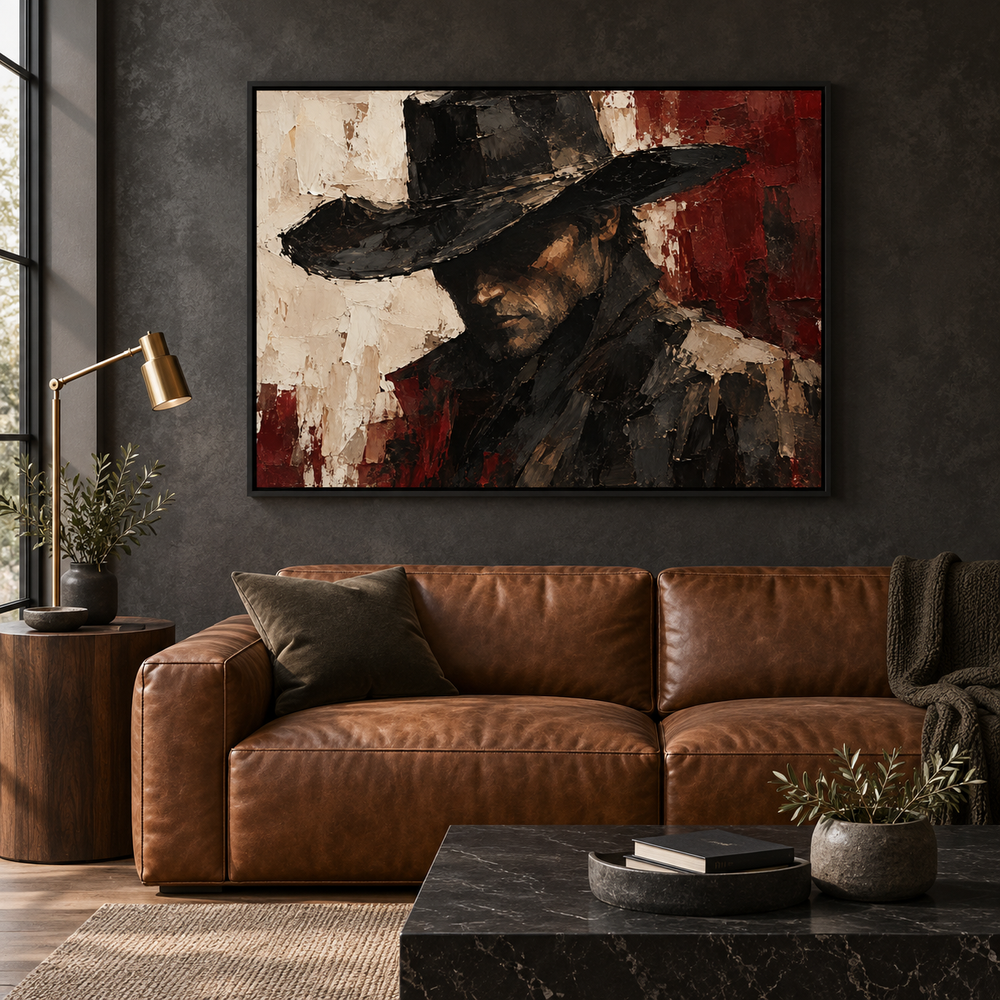 The Last Outlaw: shadowed cowboy portrait in black, bone and burgundy, black frame room mockup