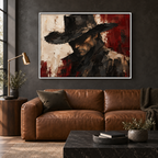 The Last Outlaw: ritratto di cowboy in ombra in nero, bianco osso e bordeaux, ambientazione con cornice bianca