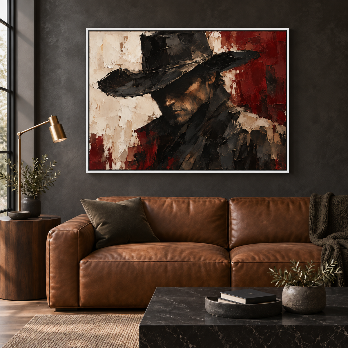 The Last Outlaw: shadowed cowboy portrait in black, bone and burgundy, white frame room mockup
