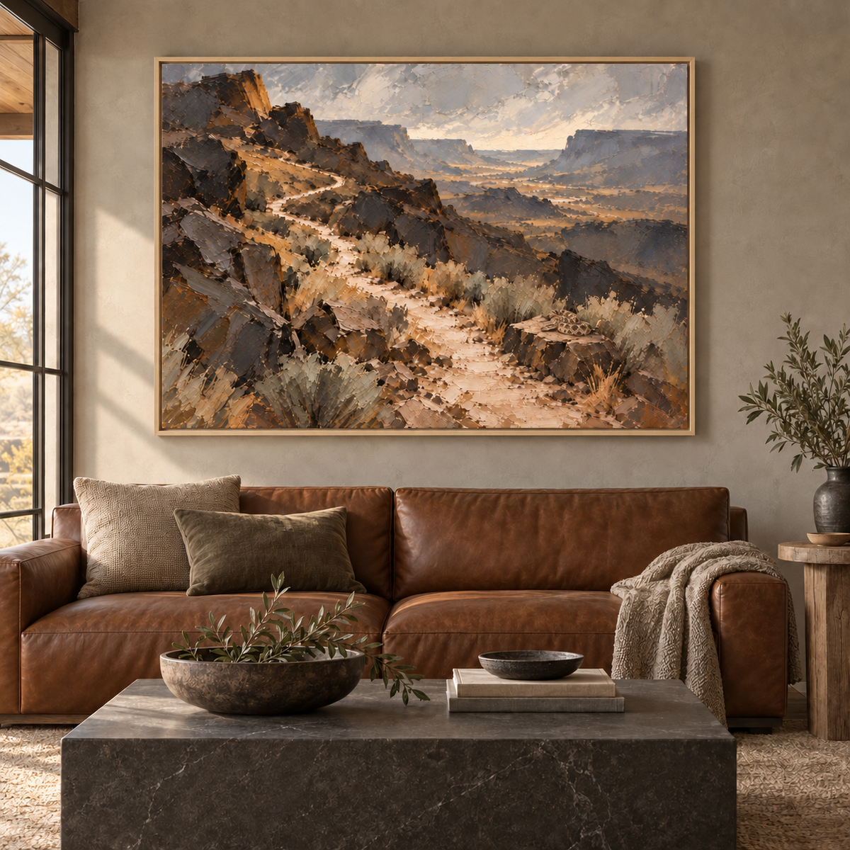 The Long Way Home: winding desert trail with a rattlesnake on a foreground rock, oak frame room mockup