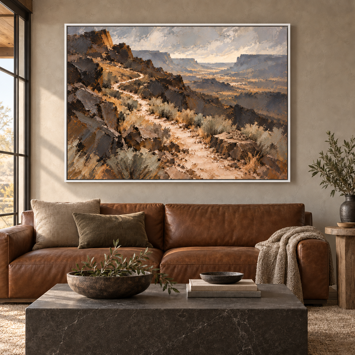 The Long Way Home: winding desert trail with a rattlesnake on a foreground rock, white frame room mockup