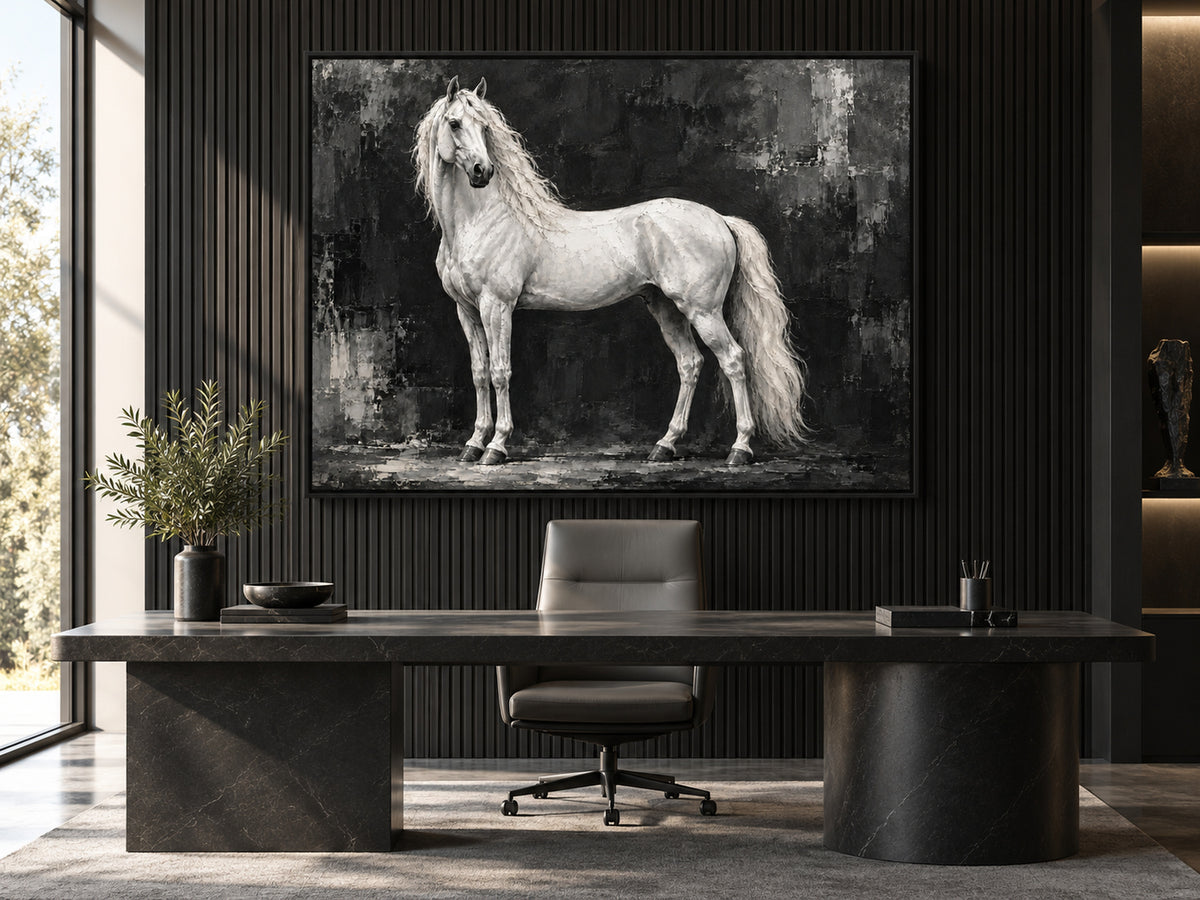 black and white horse wall art with a white stallion shown in a black frame in a modern interior