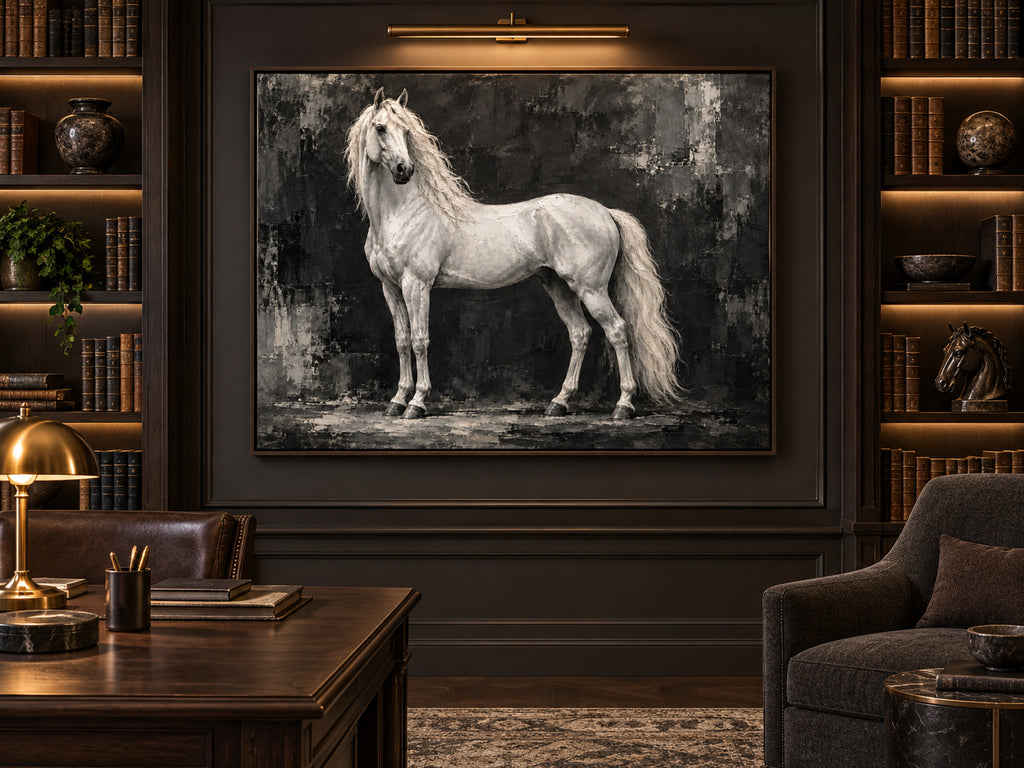 black and white horse wall art with a white stallion shown in a dark oak frame in a modern interior