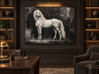 Quadro in bianco e nero con stallone bianco, con cornice in rovere scuro, in un interno moderno