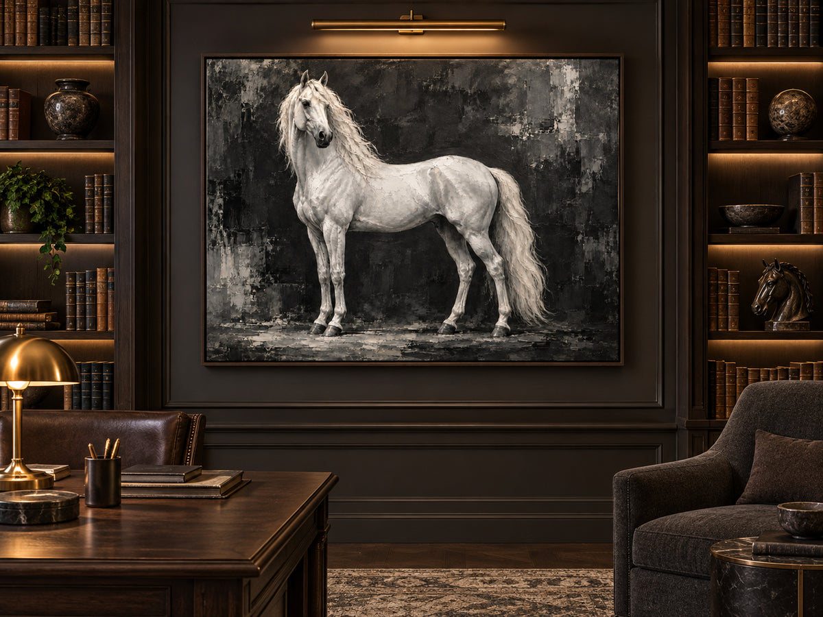 black and white horse wall art with a white stallion shown in a dark oak frame in a modern interior