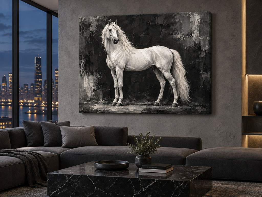 black and white horse wall art with a white stallion shown as an unframed canvas in a modern interior