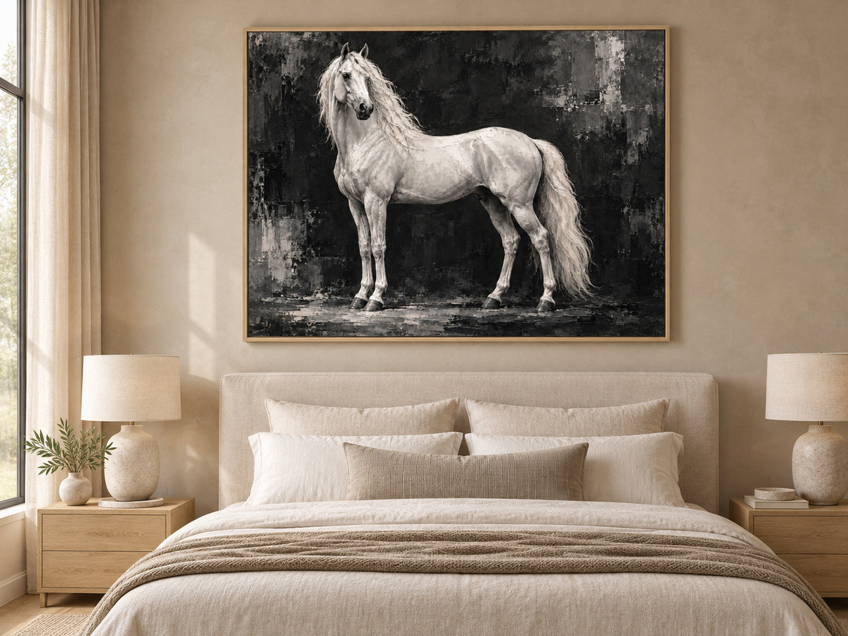 black and white horse wall art with a white stallion shown in a oak frame in a modern interior