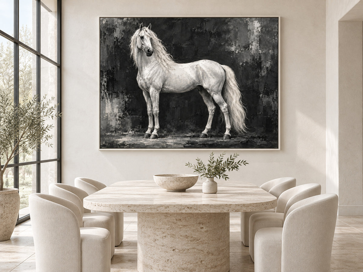 black and white horse wall art with a white stallion shown in a white frame in a modern interior