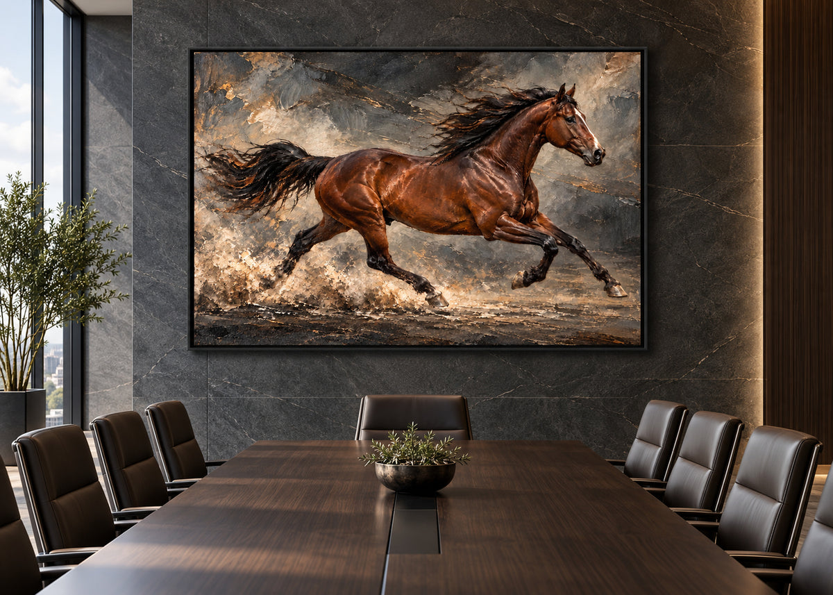 running chestnut horse wall art shown in a black frame in a modern interior