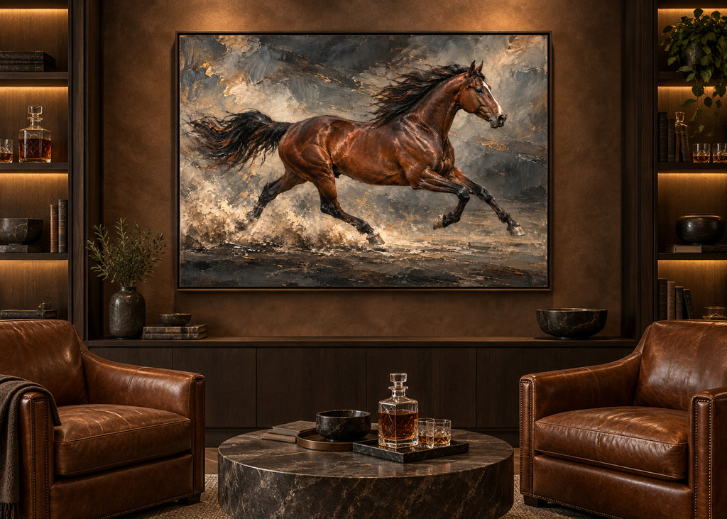 running chestnut horse wall art shown in a dark oak frame in a modern interior