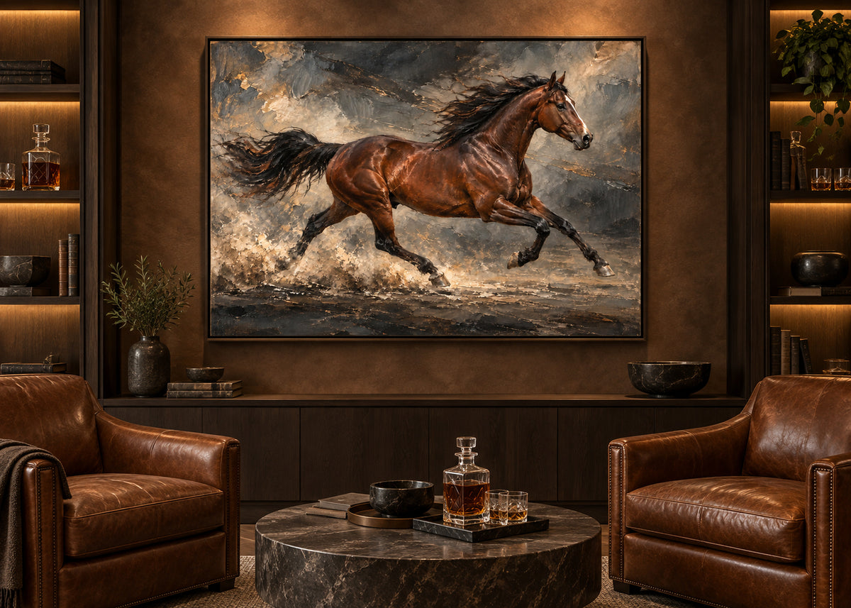 running chestnut horse wall art shown in a dark oak frame in a modern interior