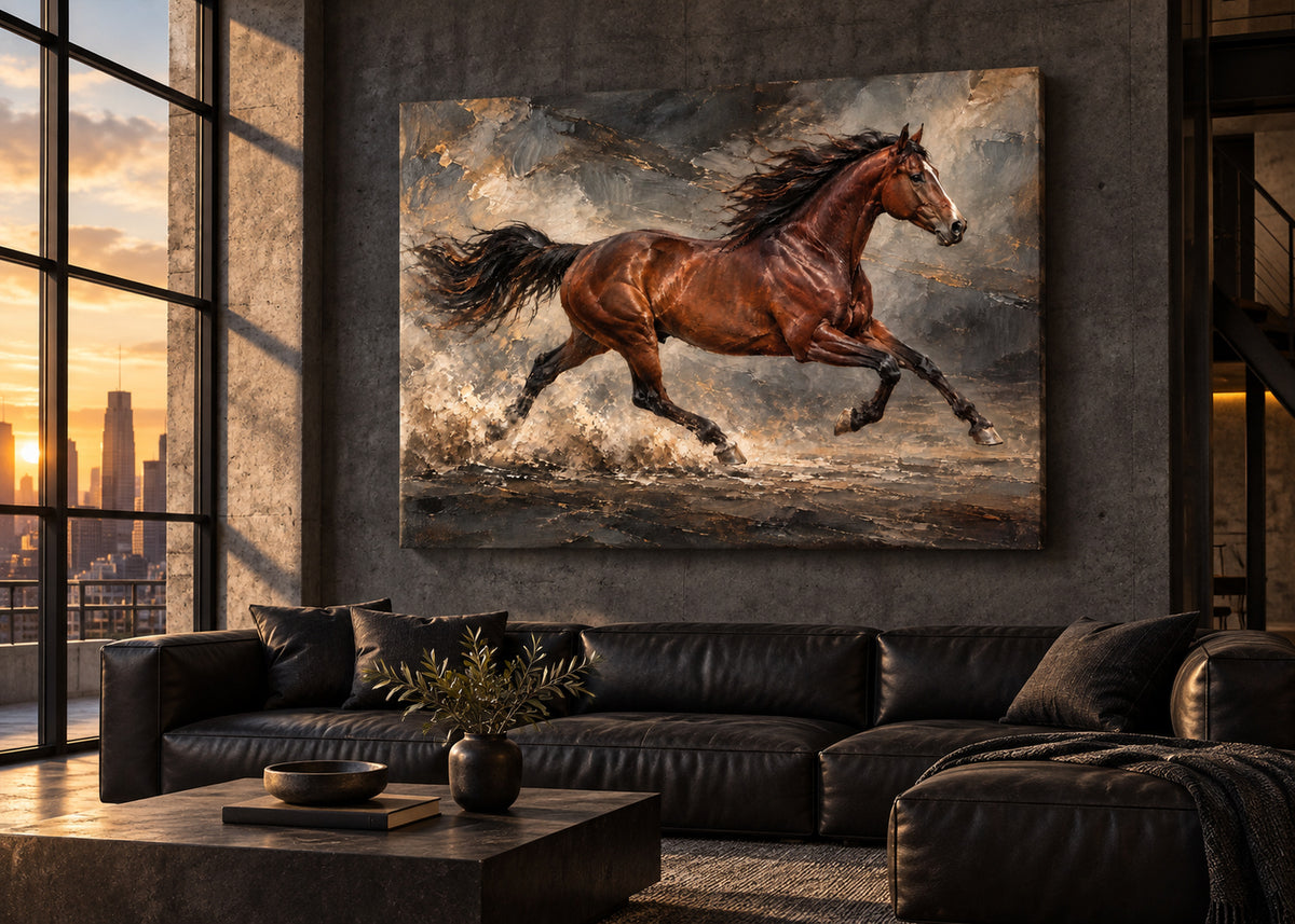 running chestnut horse wall art shown as an unframed canvas in a modern interior