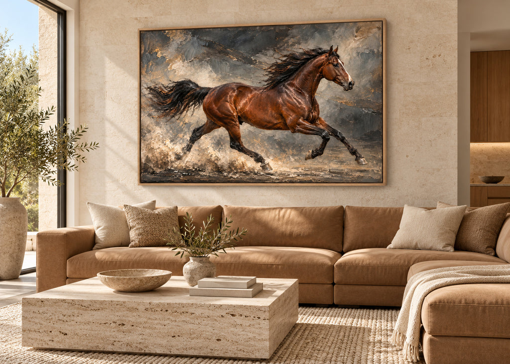 running chestnut horse wall art shown in a oak frame in a modern interior