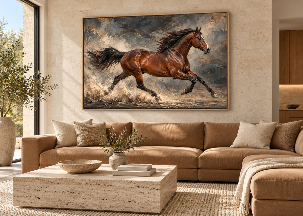 running chestnut horse wall art shown in a oak frame in a modern interior