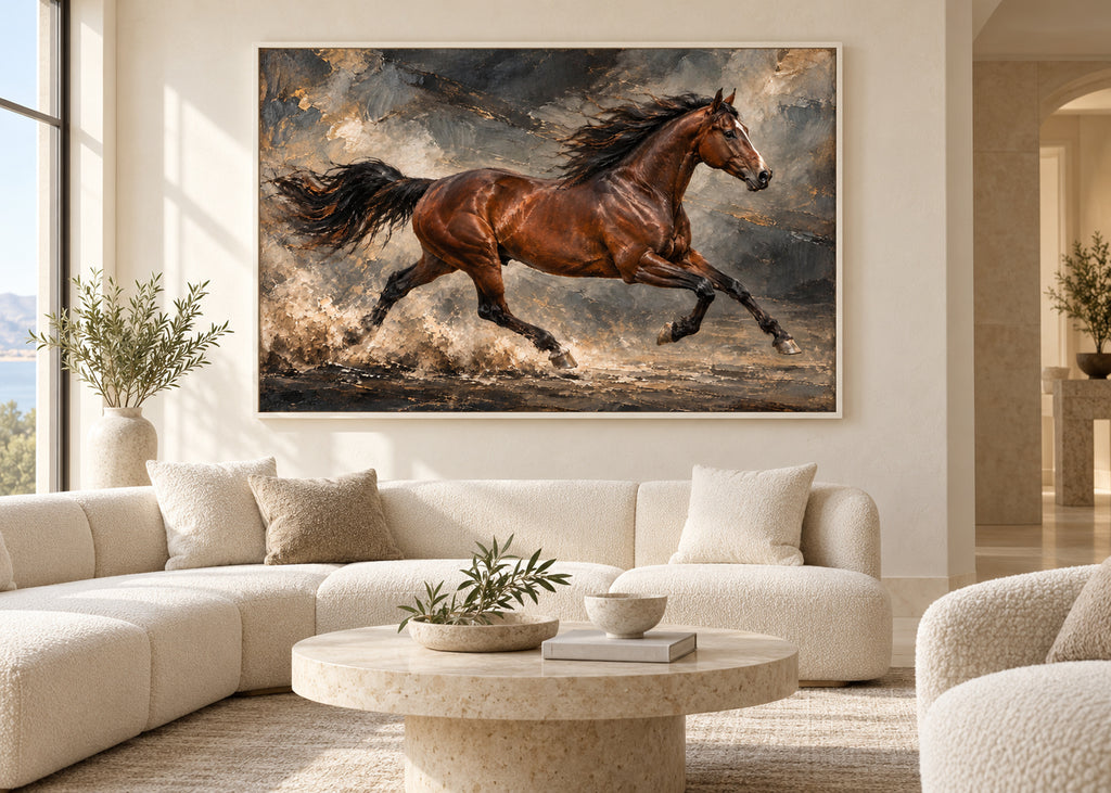 running chestnut horse wall art shown in a white frame in a modern interior
