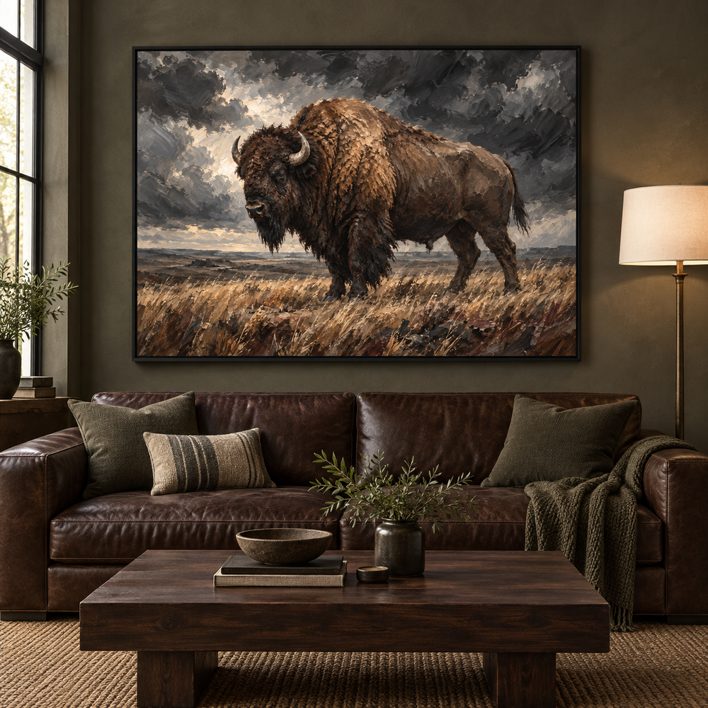 Unmoved: bison standing in prairie grass beneath a storm-dark sky, black frame room mockup