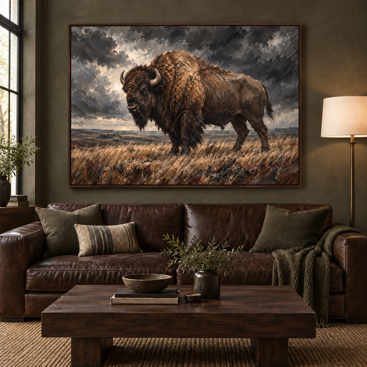 Unmoved: bison standing in prairie grass beneath a storm-dark sky, dark oak frame room mockup