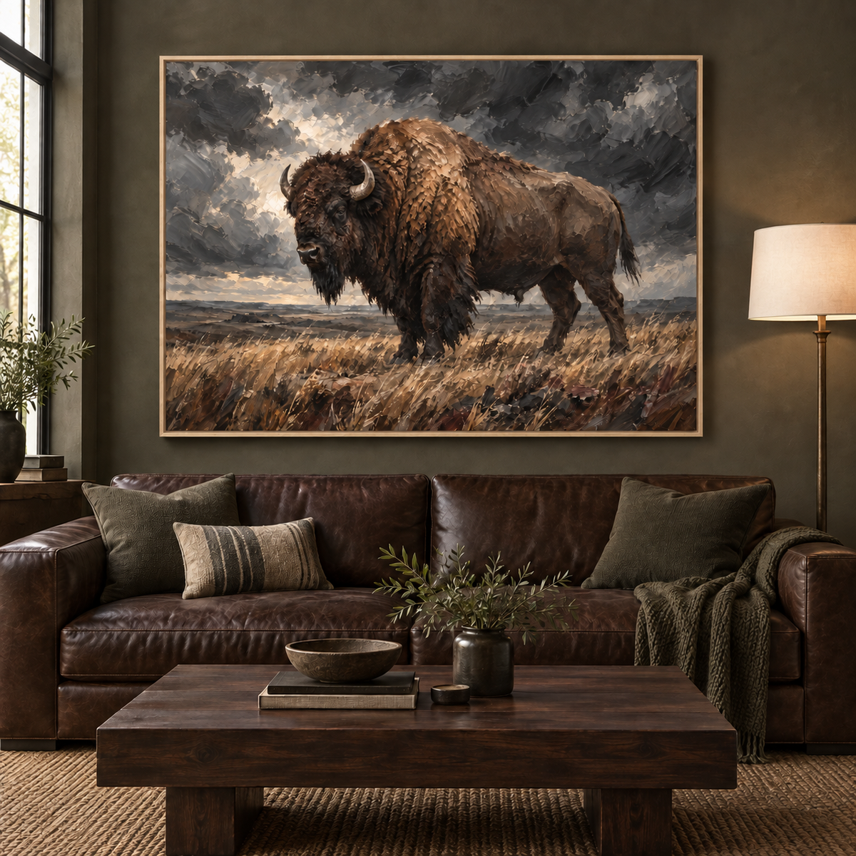 Unmoved: bison standing in prairie grass beneath a storm-dark sky, oak frame room mockup