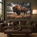 Unmoved: bison standing in prairie grass beneath a storm-dark sky, stretched frameless room mockup