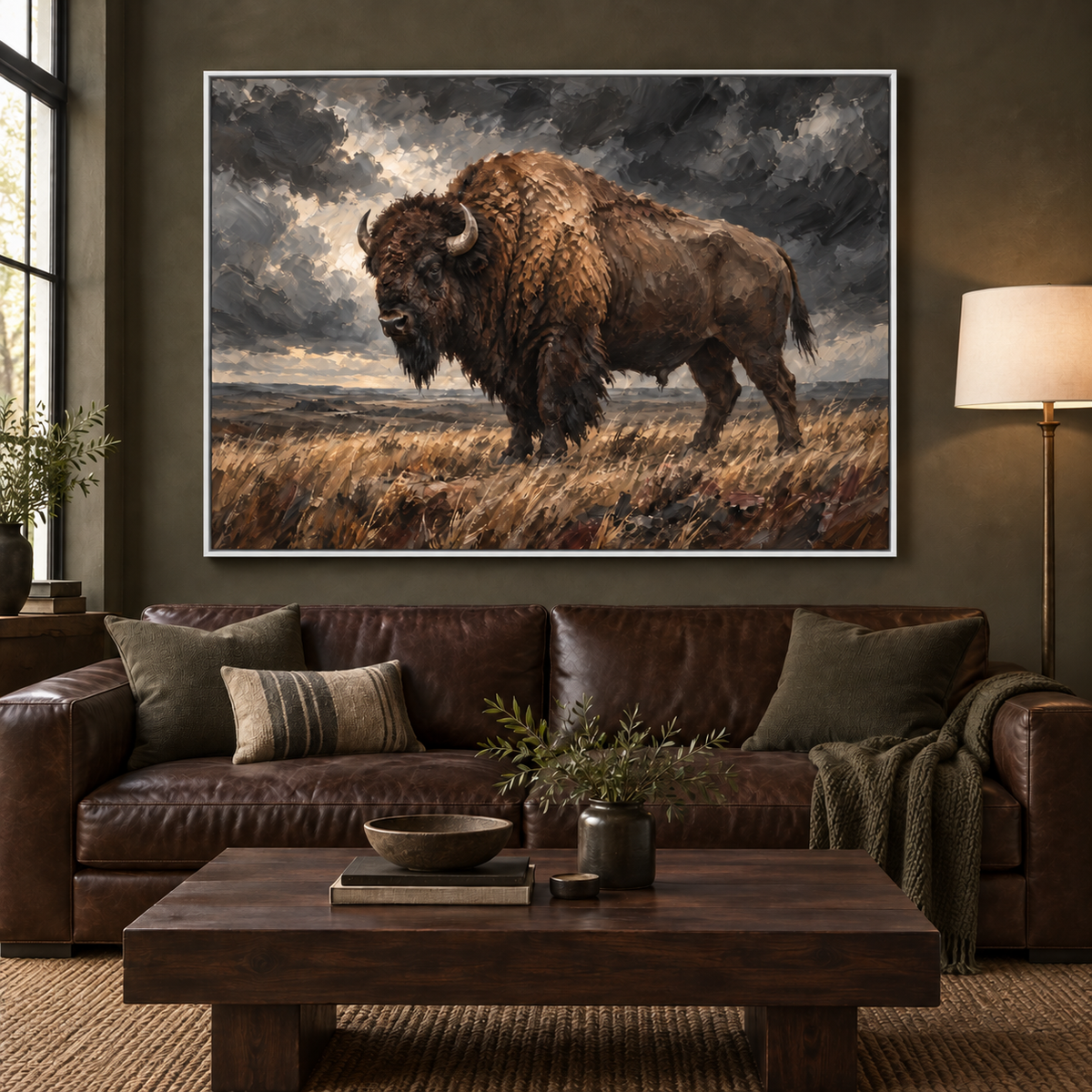Unmoved: bison standing in prairie grass beneath a storm-dark sky, white frame room mockup