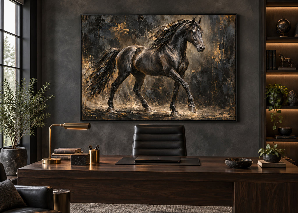 black stallion horse wall art shown in a black frame in a modern interior