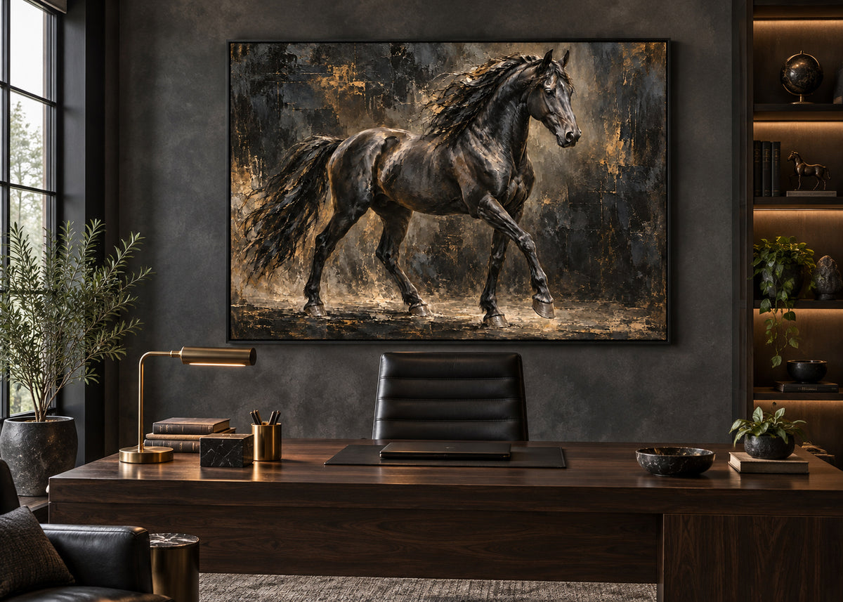 black stallion horse wall art shown in a black frame in a modern interior