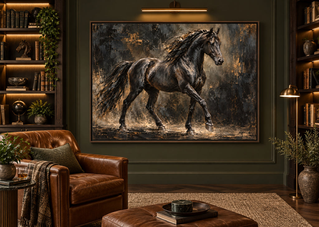 black stallion horse wall art shown in a dark oak frame in a modern interior
