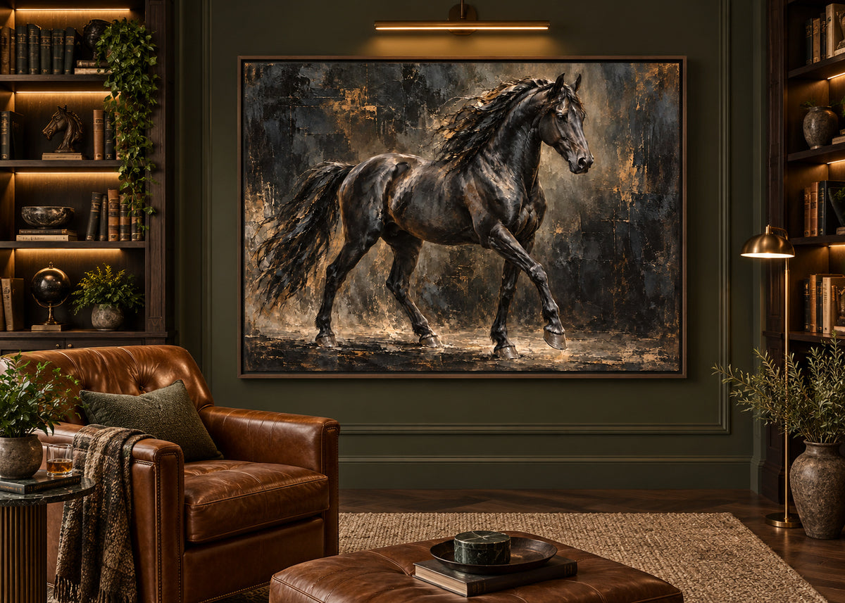 black stallion horse wall art shown in a dark oak frame in a modern interior