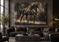 black stallion horse wall art shown as an unframed canvas in a modern interior