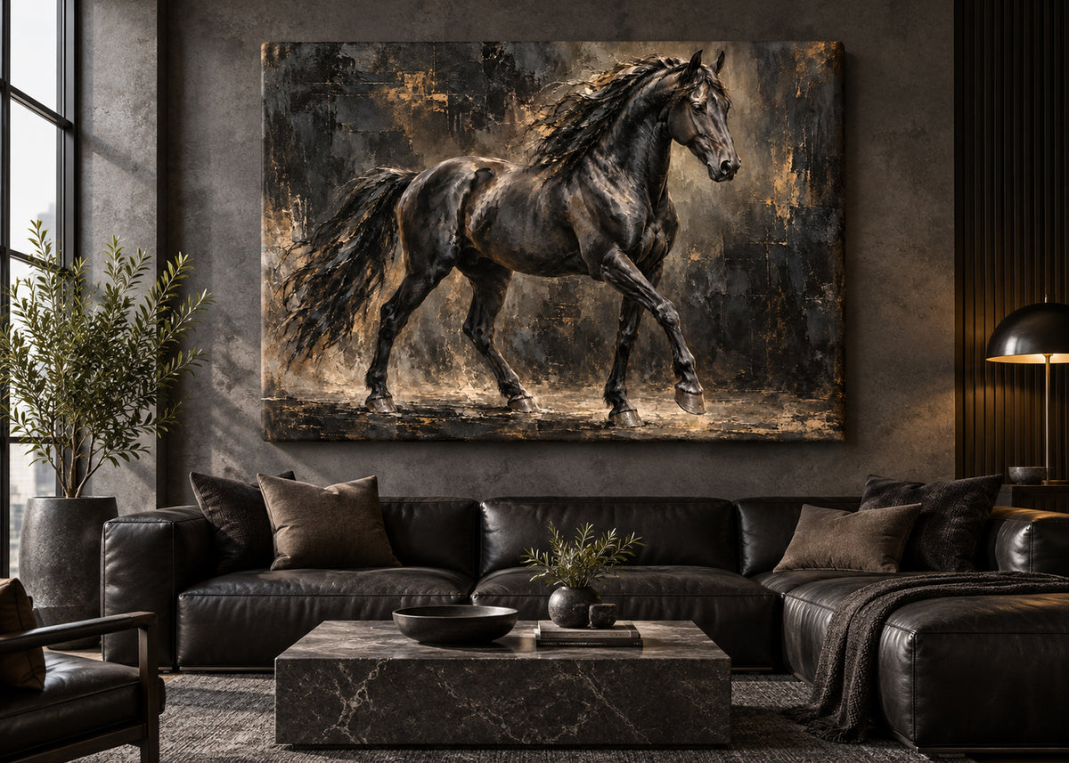 black stallion horse wall art shown as an unframed canvas in a modern interior
