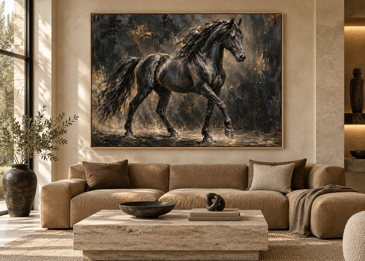 black stallion horse wall art shown in a oak frame in a modern interior