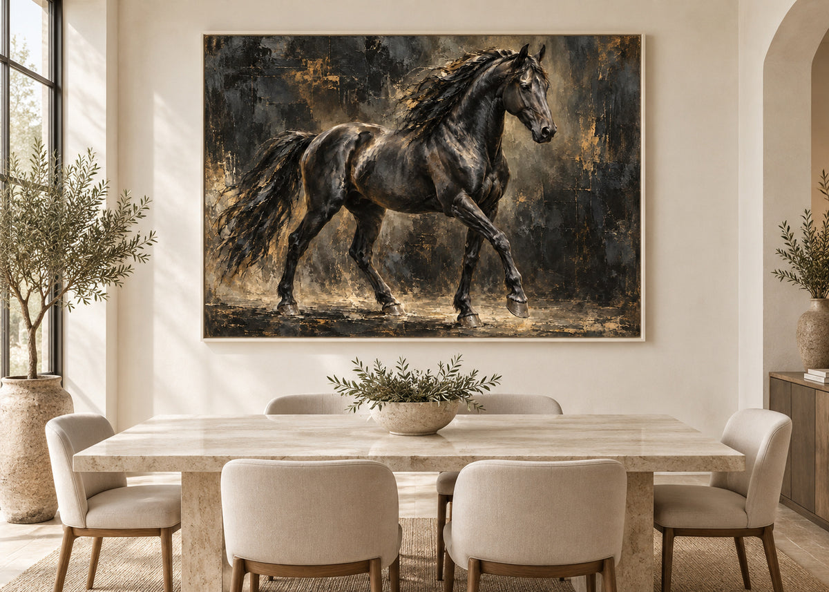 black stallion horse wall art shown in a white frame in a modern interior