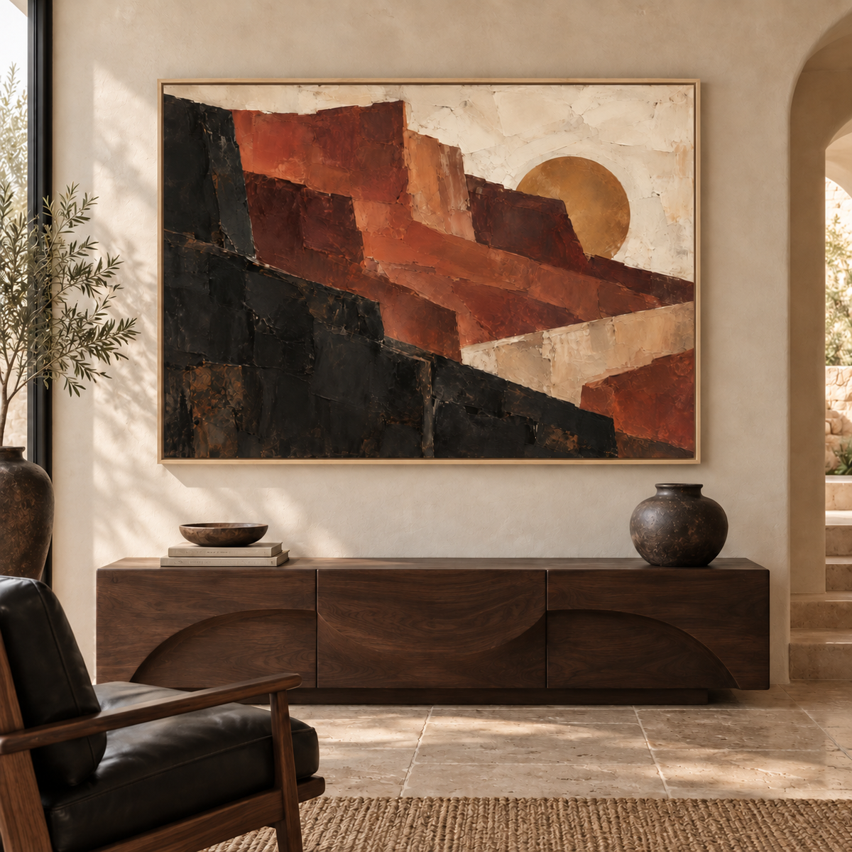 Western Form: geometric terracotta and charcoal forms with an ochre sun, oak frame room mockup