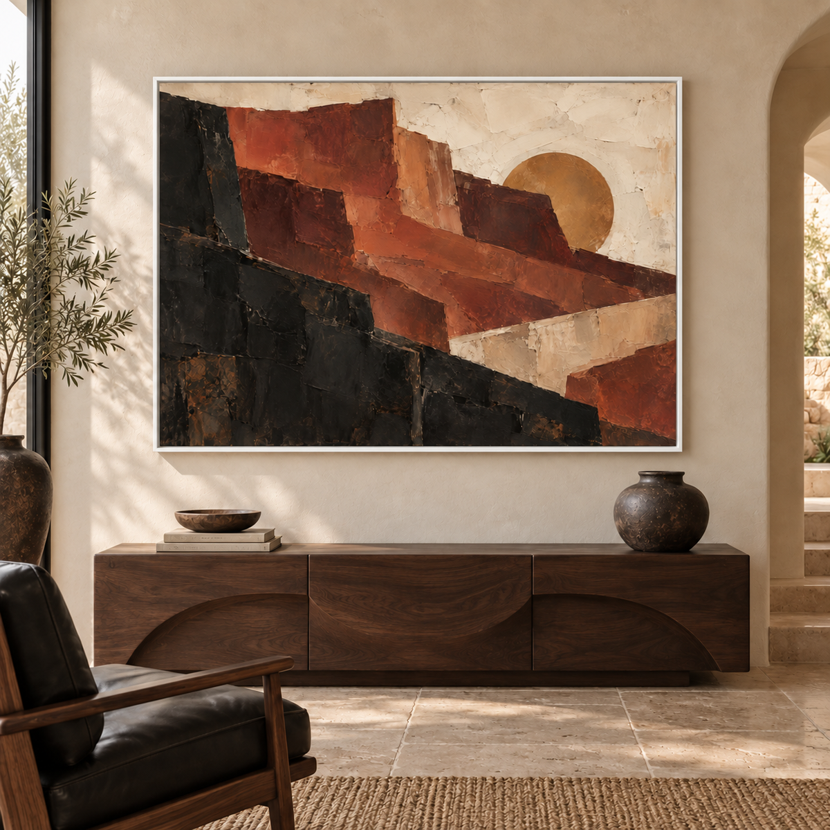 Western Form: geometric terracotta and charcoal forms with an ochre sun, white frame room mockup