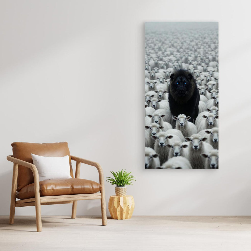 Blue Eyes Black Lion Among Sheep